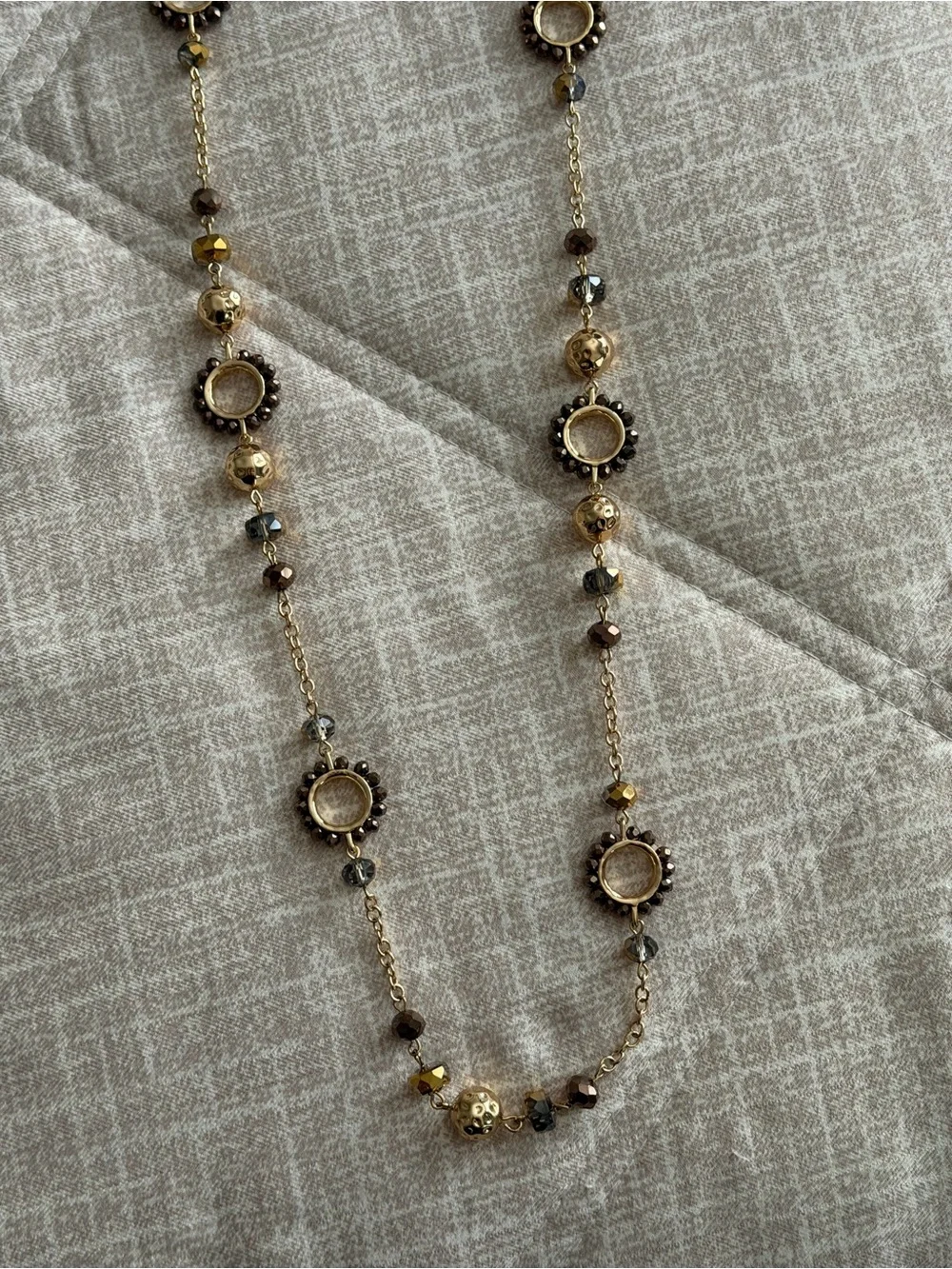 Long Gold-Tone Beaded Necklace with Round Accents